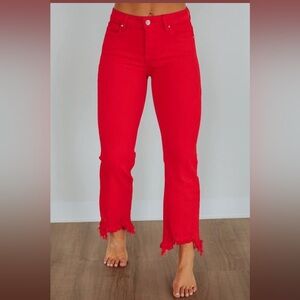 Women's Risen Red Ankle Cropped Jeans